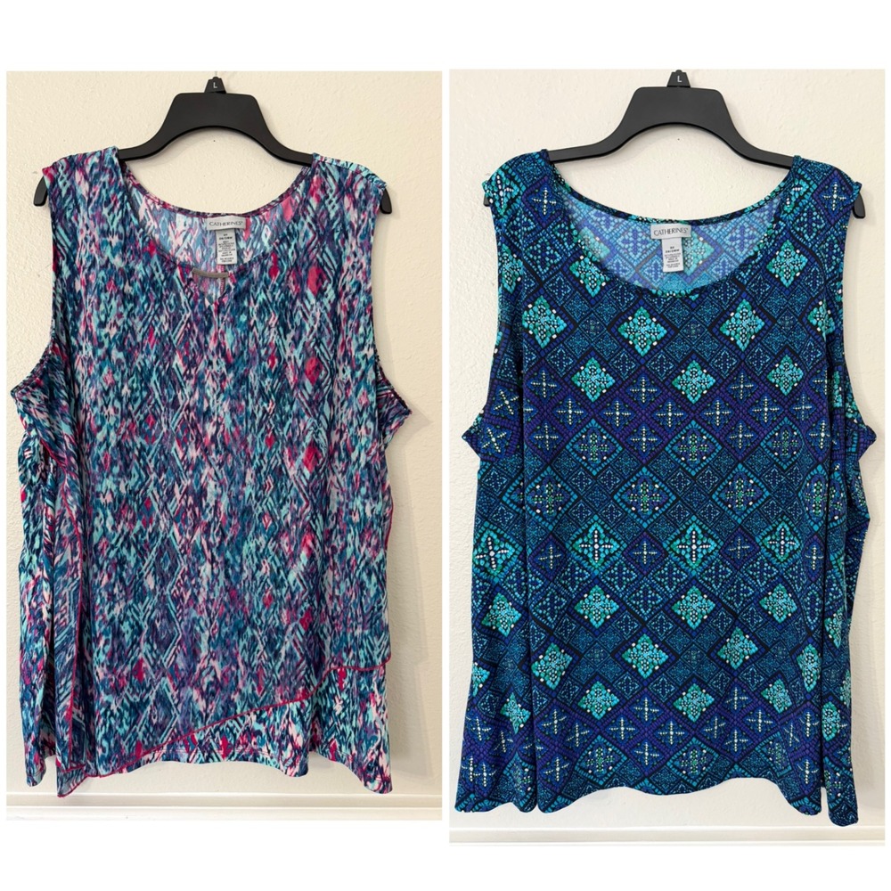 Lot of 2 Catherines 3X Plus Size Sleeveless Blouse Blue Geometric Abstract